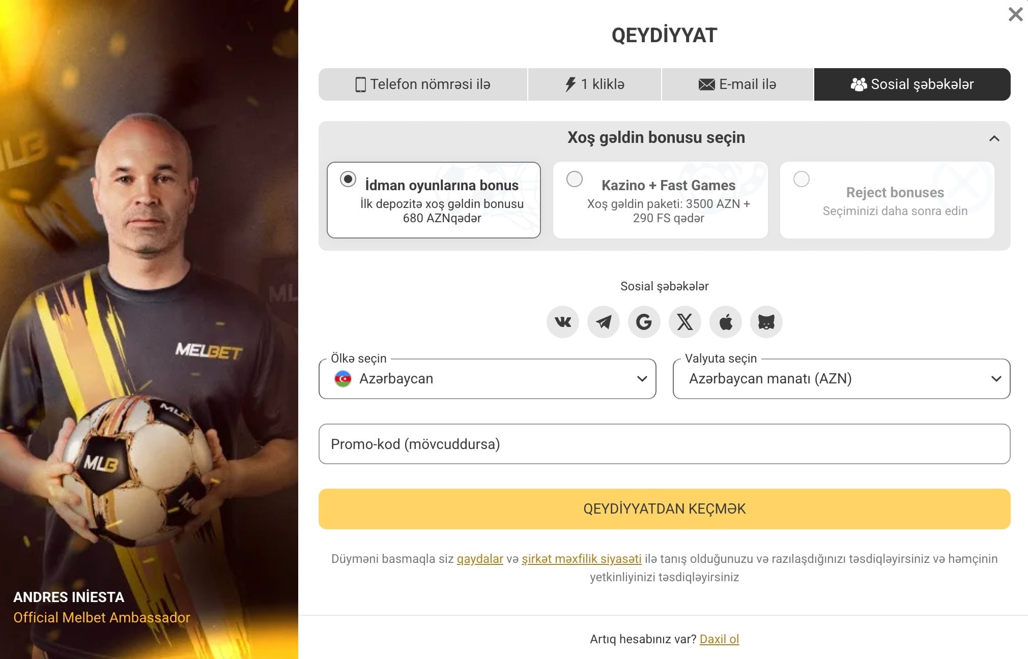 Melbet bukmeker kontorunda Azərbaycanda qeydiyyat